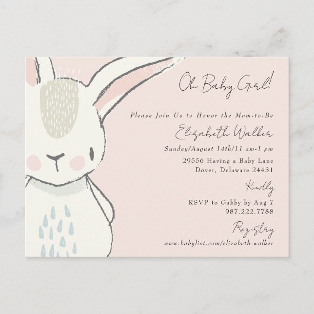 Postal Dulce Oh Niña Bunny Rosa Baby Shower  (Anverso)