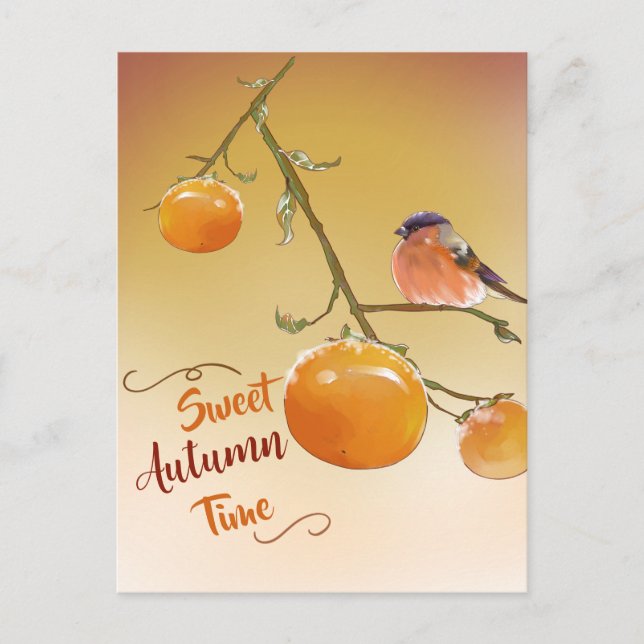 Postal Dulce otoño Naranja lindo Persimmon Fruits y pájar (Anverso)