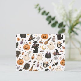 Postal Dulce patrón de acuarela de Halloween con gatos ne