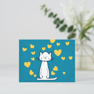 Postal dulce pequeño gato blanco con muchos corazones