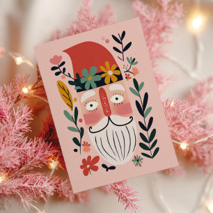 Postal Dulce Santa Claus Retro Floral Rosa Feliz Navidad