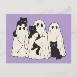 Postal Dulces fantasmas de hoja y gatos negros de Hallowe