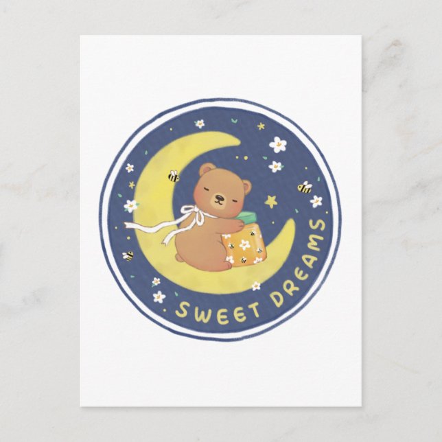Postal Dulces sueños: Oso de peluche y Ilustracion de mie (Anverso)