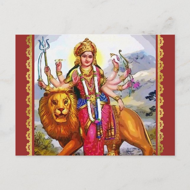 Postal Durga, diosa con pintura de leones (Anverso)