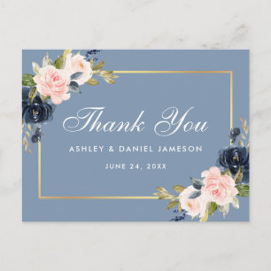 Postal Duste Blue Pink Floral Gold Boda Gracias