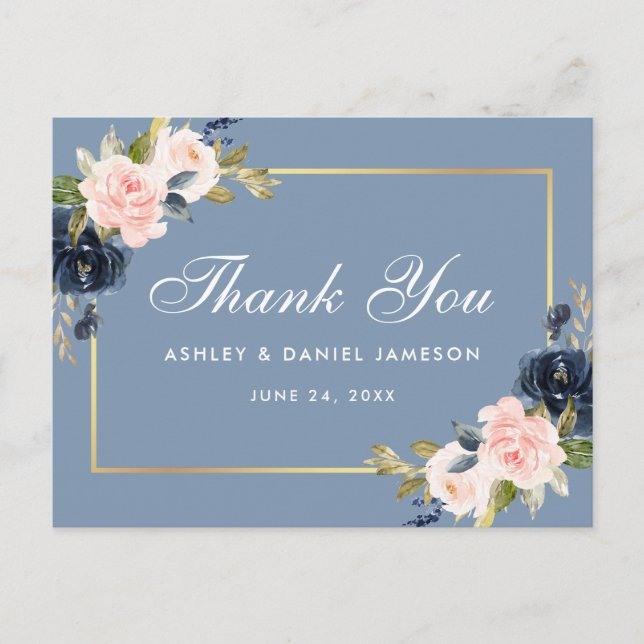 Postal Duste Blue Pink Floral Gold Boda Gracias (Anverso)