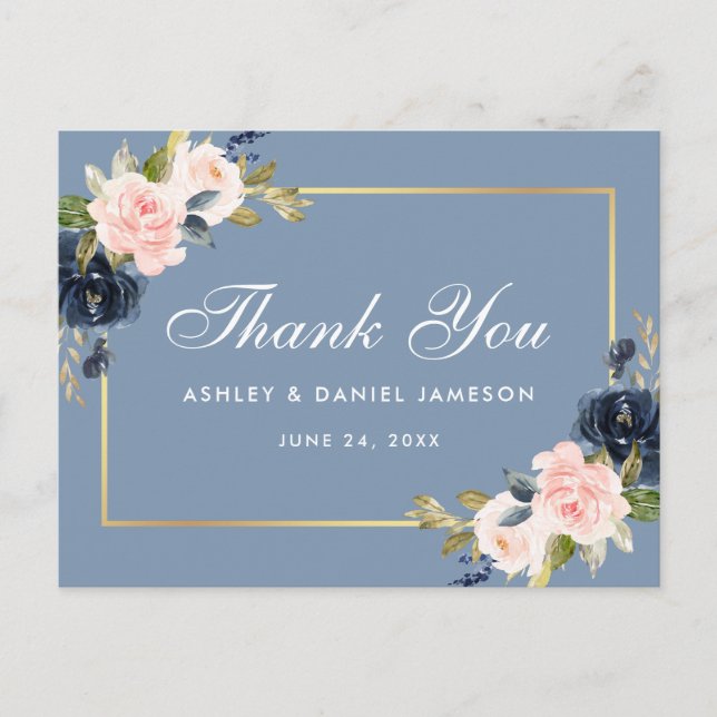 Postal Duste Blue Pink Floral Gold Boda Gracias (Anverso)