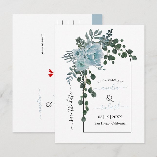Postal Dusty azul flor arco boda Save the Date (Anverso / Reverso)
