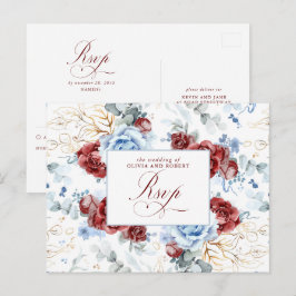 Postal Dusty Blue and Burgundy Red Wedding RSVP Postcard
