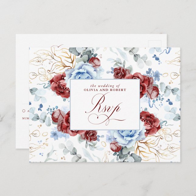 Postal Dusty Blue and Burgundy Red Wedding RSVP Postcard (Anverso / Reverso)