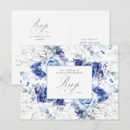 Postal Dusty Blue and Silver Wedding RSVP Postcard