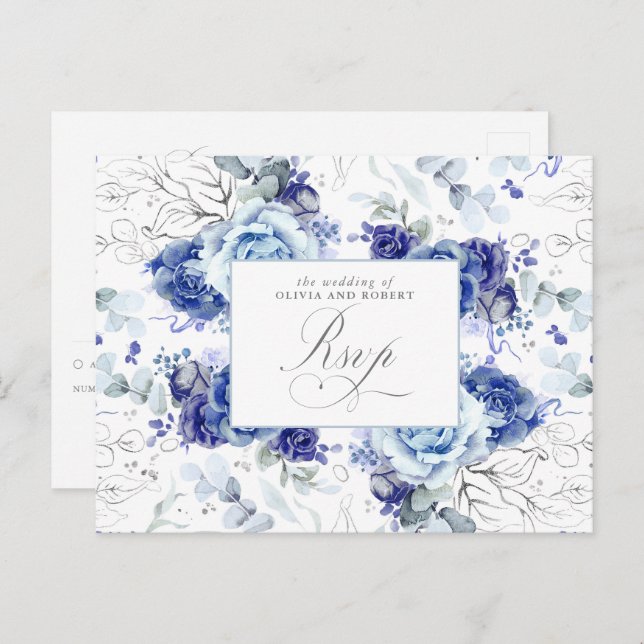Postal Dusty Blue and Silver Wedding RSVP Postcard (Anverso / Reverso)