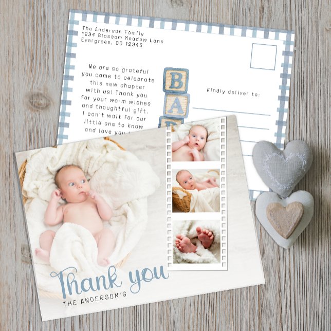 Postal Dusty Blue Baby Shower Thank You Photo Postcard (Baby Shower Thank You Postcard )