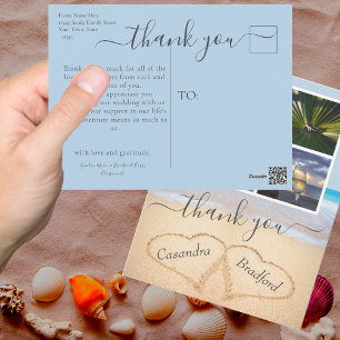 Postal Dusty Blue Beach Heart Sand Boda Gracias