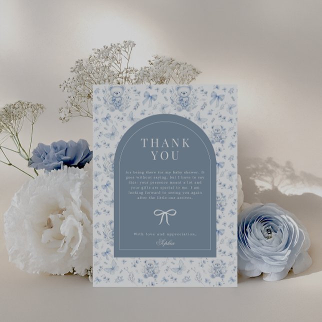 Postal Dusty Blue Chinoiserie Teddy Bear Gracias (Blue Chinoiserie Teddy Bear Baby Shower Thank You )