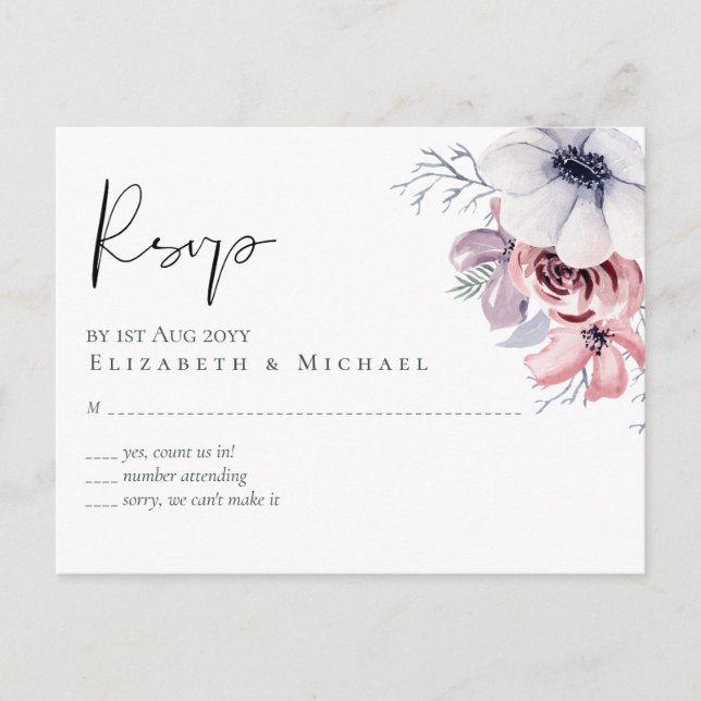 Postal Dusty Blue Coral Floral Script Wedding Presupuesto (Anverso)