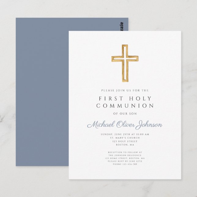 Postal Dusty Blue Cross Religion Boy First Communiation (Anverso / Reverso)