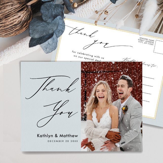 Postal Dusty Blue Elegant Script Moda Boda Gracias (Subido por el creador)