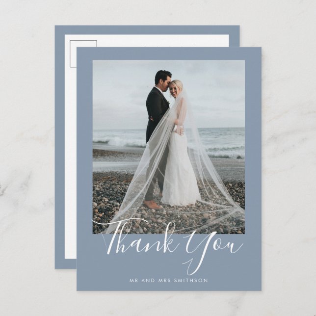Postal Dusty Blue Elegant Wedding Gracias Postcard (Anverso / Reverso)