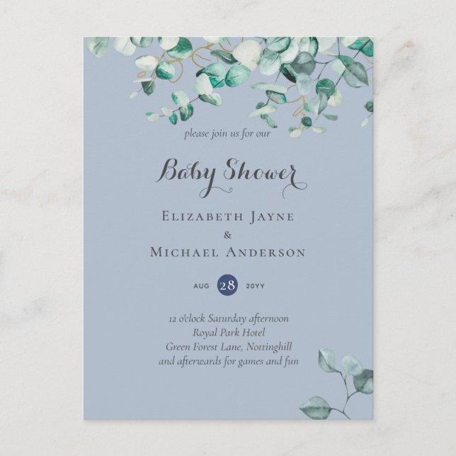 Postal Dusty Blue Eucalyptus Greenery BABY SHOWER invita (Anverso)