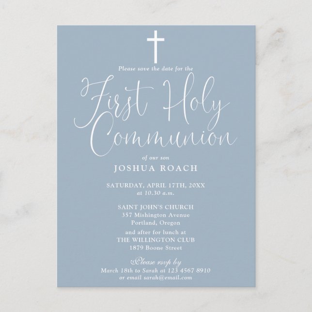 Postal Dusty Blue First Holy Communition Save the Date (Anverso)