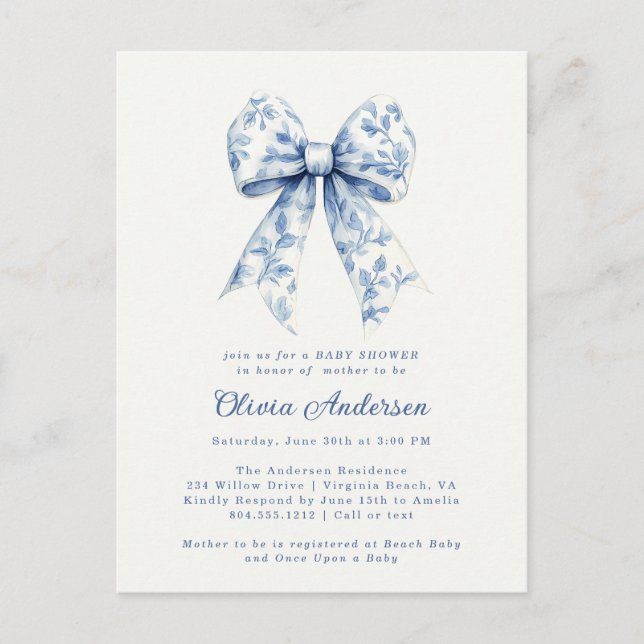 Postal Dusty Blue Floral Chinoiserie Bow Baby Shower (Anverso)