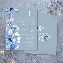 Dusty Blue Floral First Holy Communition Invitació