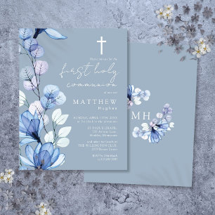 Postal Dusty Blue Floral First Holy Communition Invitació