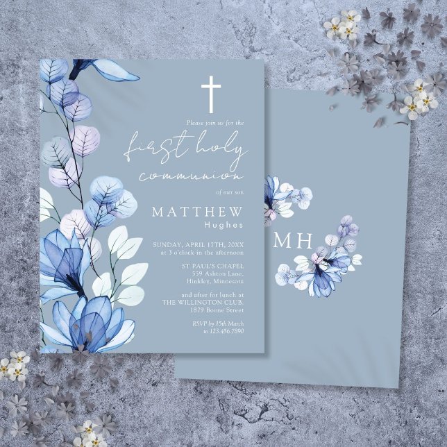 Postal Dusty Blue Floral First Holy Communition Invitació (Dusty Blue Floral First Holy Communion Invitation Postcard)