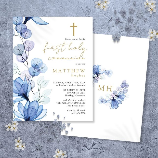 Postal Dusty Blue Floral First Holy Communition Invitació (Dusty Blue Floral First Holy Communion Invitation Postcard)