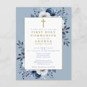 Postal Dusty Blue Floral First Holy Communition Invitació