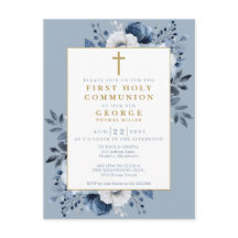 Dusty Blue Floral First Holy Communition Invitació