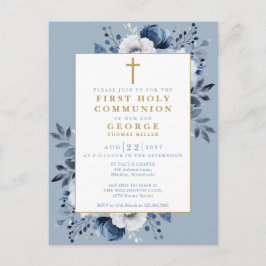 Postal Dusty Blue Floral First Holy Communition Invitació