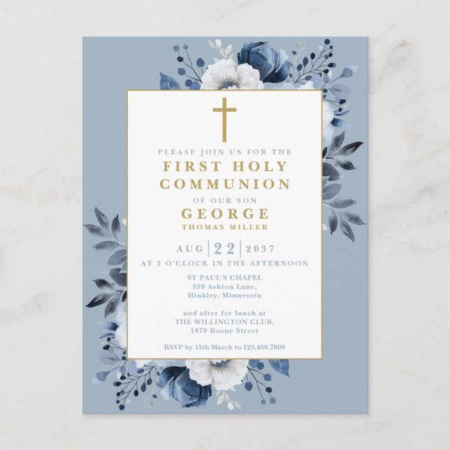 Postal Dusty Blue Floral First Holy Communition Invitació (Anverso)