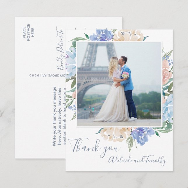 Postal Dusty Blue Florals Foto Gracias (Anverso / Reverso)