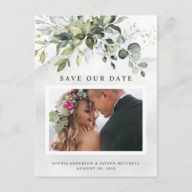 Postal Dusty Blue Greenery Foto Boda Salvar la fecha (Anverso)