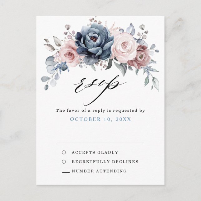 Postal Dusty Blue Mauve Rosa Pink Slate Floral RSVP (Anverso)