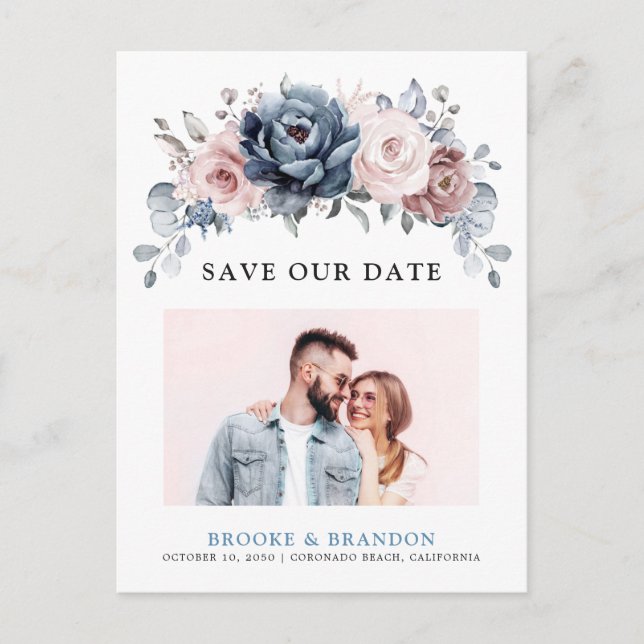 Postal Dusty Blue Mauve Rosa Pink Slate Save the Date (Anverso)