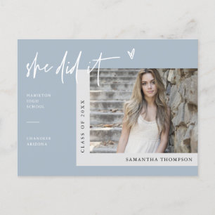 Postal Dusty Blue Minimalist Photo She Did It Graduation 