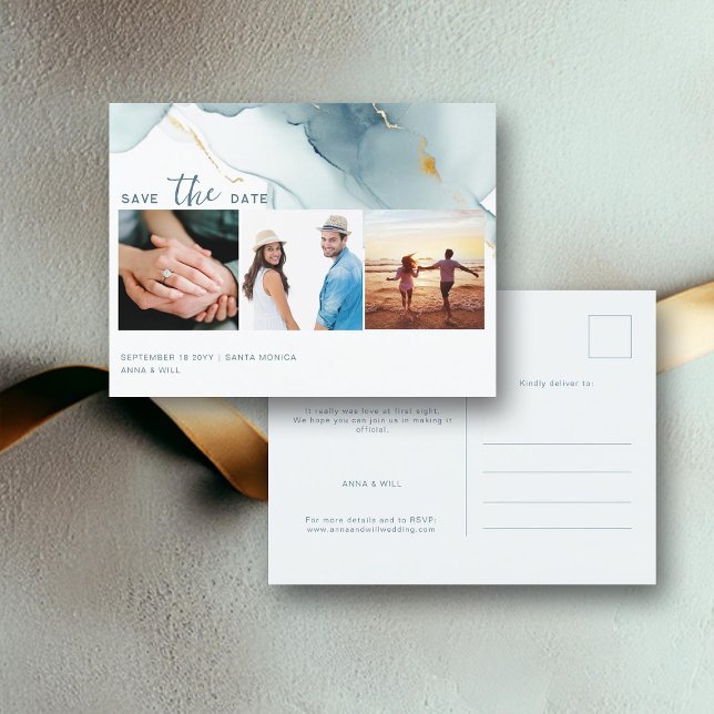 Postal Dusty Blue Modern Boda 3 fotos Guardar la fecha (dusty blue modern beach wedding photo save the date postcard romantic elegant bohemian summer chic)