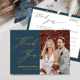 Postal Dusty Blue Modern Script Simple Boda Gracias