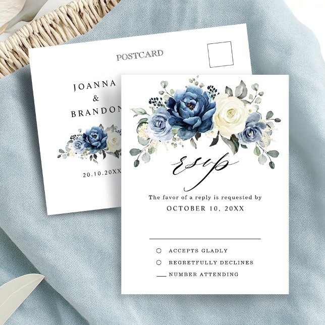 Postal Dusty Blue Navy Champagne Boda de Marfil RSVP (Dusty Blue Navy Champagne Ivory Wedding RSVP Postcard)