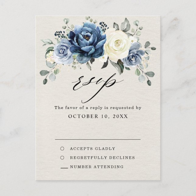 Postal Dusty Blue Navy Champagne Boda de Marfil RSVP Post (Anverso)