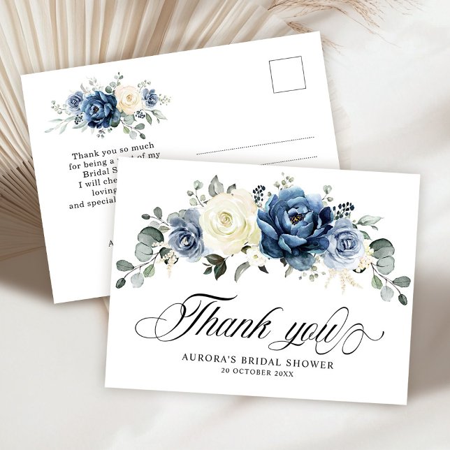 Postal Dusty Blue Navy Champagne Floral de marfil Gracias (Dusty Blue Navy Champagne Ivory Floral Bridal Shower Thank you Postcard)