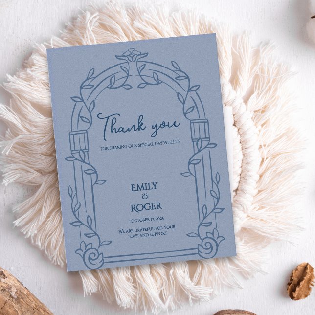 Postal Dusty Blue Ornate Arch Botanical Wedding Thank You (Dusty Blue Ornate Arch Botanical Wedding Thank You Card | Elegant Wedding Thank You Note)