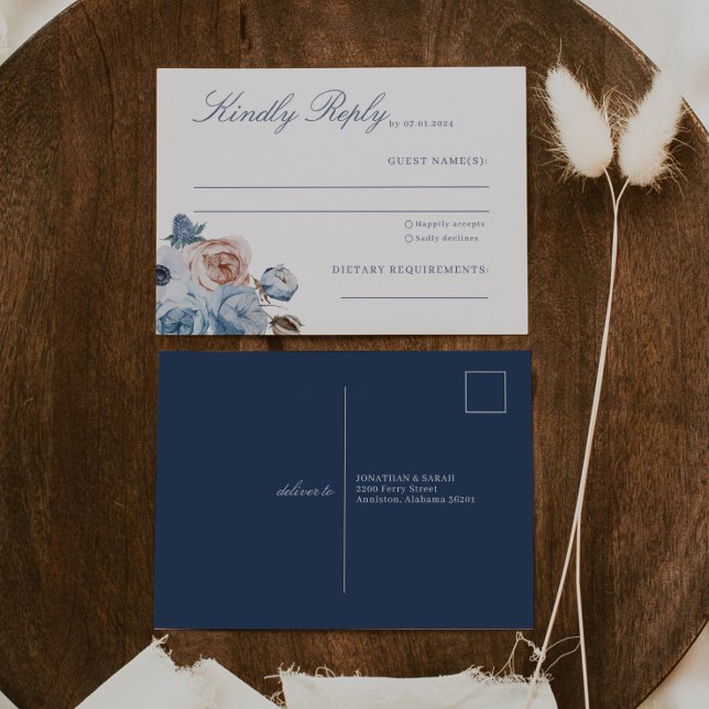 Postal Dusty Blue & Peach Floral Wedding RSVP (Subido por el creador)
