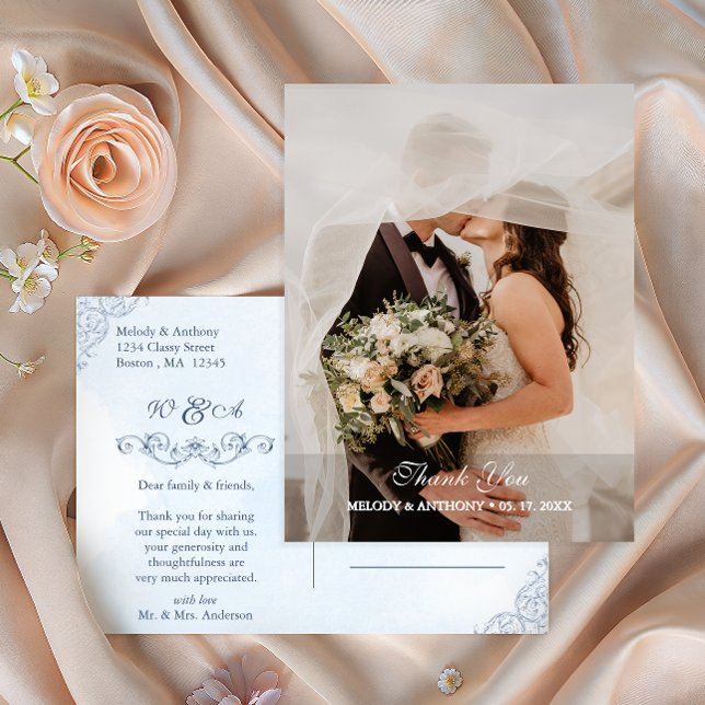 Postal Dusty Blue Photo Wedding Thank You (Subido por el creador)