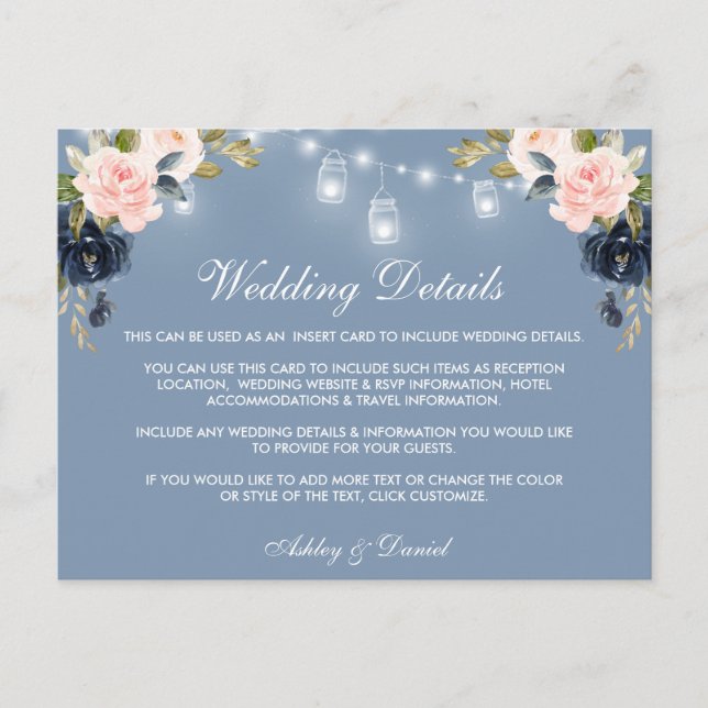 Postal Dusty Blue Pink Floral Lights Boda Detalles Tarjet (Anverso)