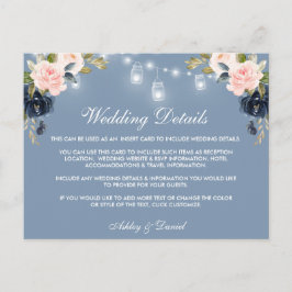 Postal Dusty Blue Pink Floral Lights Boda Detalles Tarjet