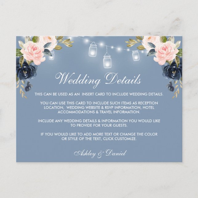 Postal Dusty Blue Pink Floral Lights Boda Detalles Tarjet (Anverso)